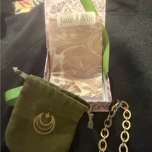 Jane Win Gold and Turquoise 16” Chain Necklace with Olive Velvet Pouch